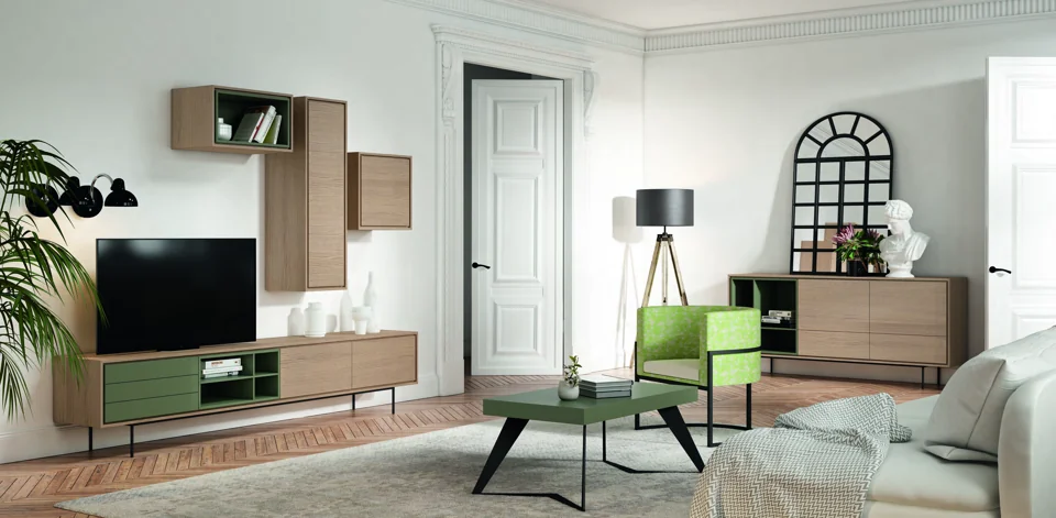 Mueble de televisión con módulos de pared y aparador coordinado